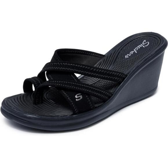 Womens black wedge sandals open toe slip on platform summer dressy shoes - Picture 1 of 5